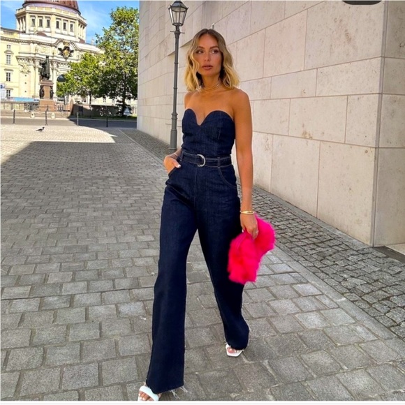 ZARA DENIM BUSTIER JUMPSUIT - Picture 1 of 15